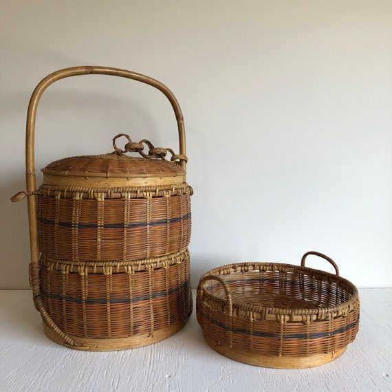 Vintage Sewing Basket / 3 Layer Basket / Wicker Bamboo Baskets / Sewing Kit  / Craft Hobby Basket / Vintage Gift / Unique Home Decor 