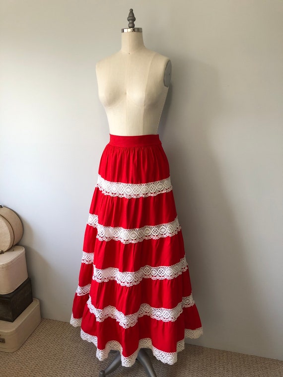Red Boho Skirt / Long Cotton Vintage Skirt / Hand… - image 8