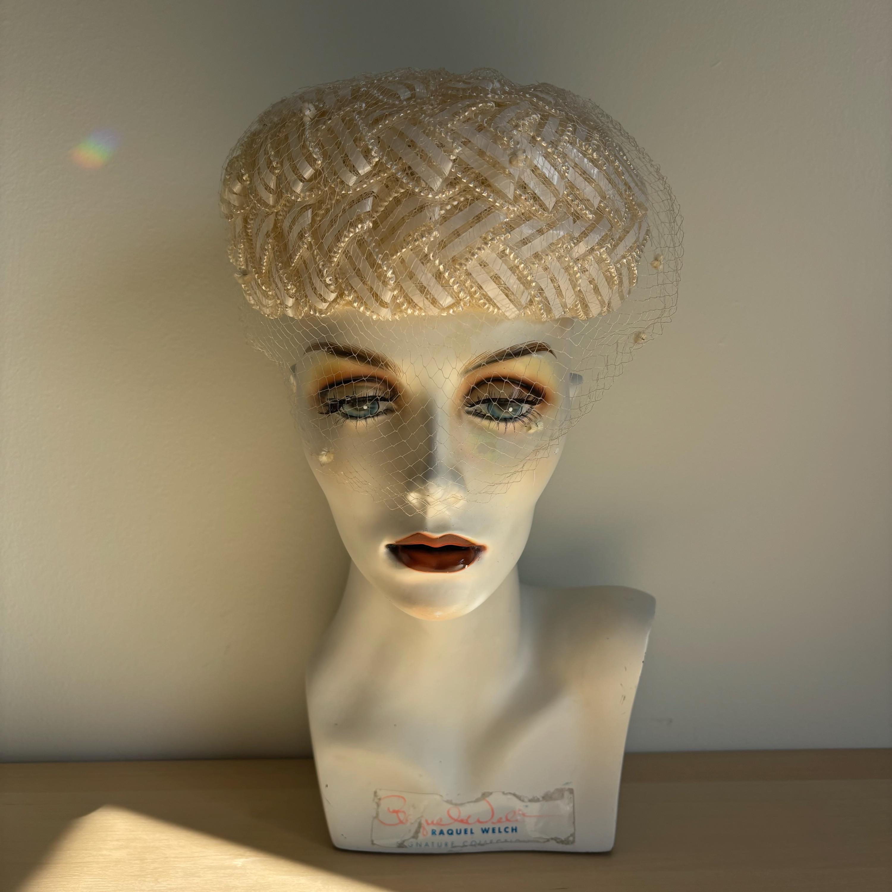 White Vtg Hat With Cream Netting Midcentury White Hat Netting With Cream Bows - Etsy main image 3
