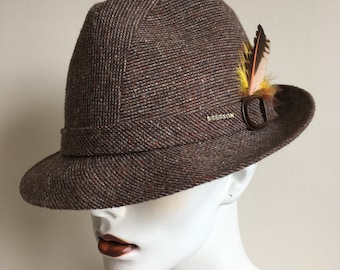 Vintage Unisex Fedora Hat / Brown Cream Tweed Wool Hat / Feather Detailing / Stetson Fedora