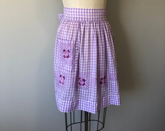 Purple Gingham Apron / Handmade 60s Kitchen / Embroidered Detailing / Vintage Baking Apron / One Size Fits All