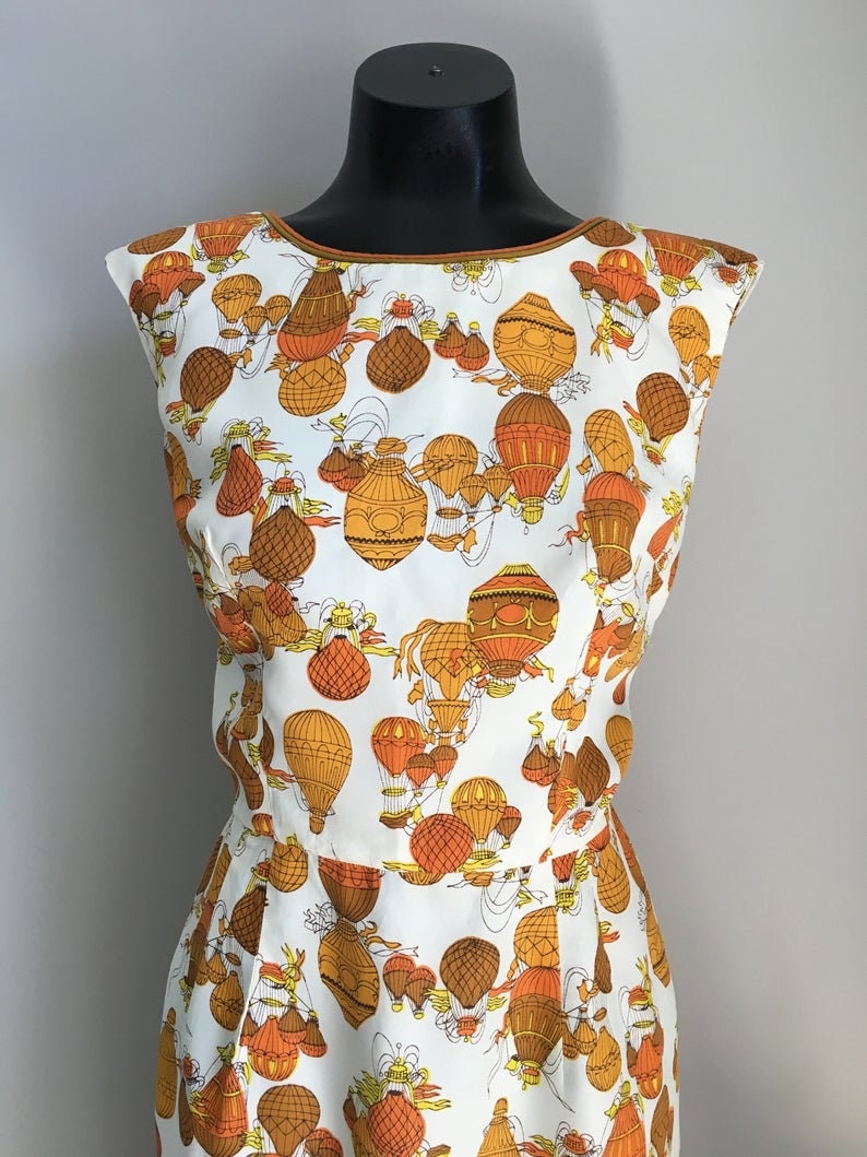 Heteluchtballon patroon / Vintage jaren '50 jurk / Rockabilly / Pin Up Style / Oranje gele kleuren / VTG Wiggle Jurken / Lente jurken / Cadeau afbeelding 3