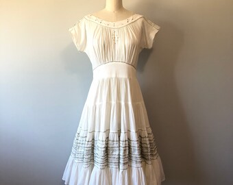 50s Mexican Senorita Dress, White Cotton, Silver Ric Rac, Diamond Buttons