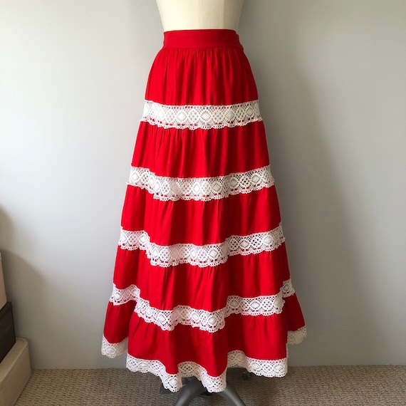 Red Boho Skirt / Long Cotton Vintage Skirt / Hand… - image 6