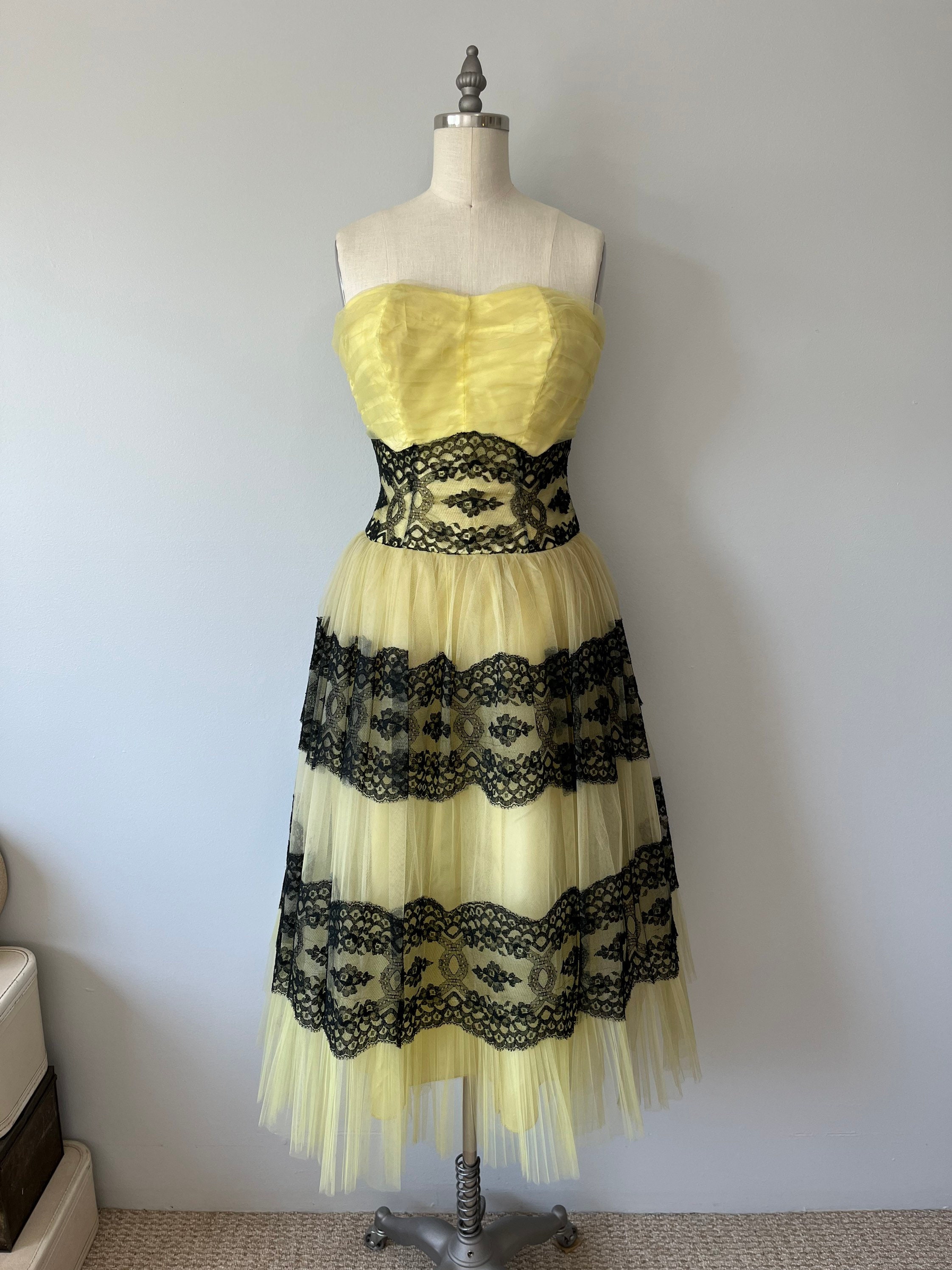 1950s Vintage Tulle Dress, Yellow & Black Lace, Strapless Evening Gown