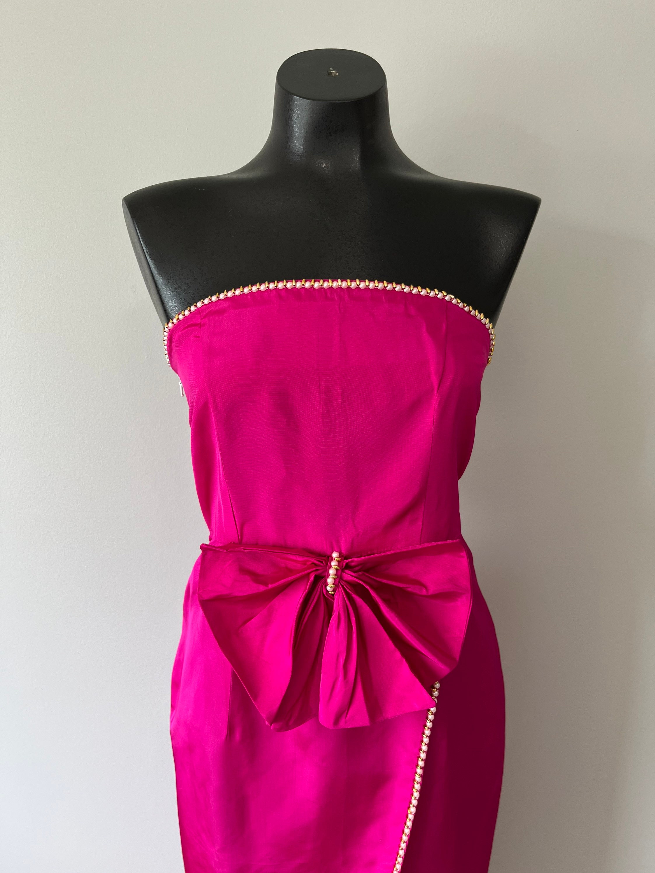 Pink 80s Handmade Dress, Beaded Bow, Strapless Party Dress - Etsy