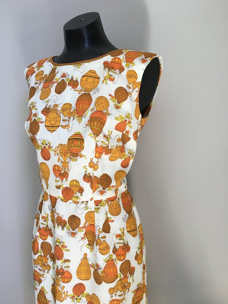 Heteluchtballon patroon / Vintage jaren '50 jurk / Rockabilly / Pin Up Style / Oranje gele kleuren / VTG Wiggle Jurken / Lente jurken / Cadeau afbeelding 7