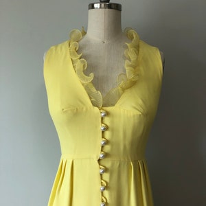 Yellow Mod Vintage Dress / Pin Up Rockabilly / 60s Style / Pearl Buttons /Sheer Collar Detail / Spring Bridesmaid Wedding