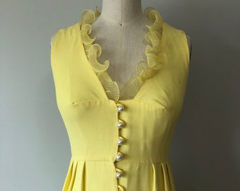 Yellow Mod Vintage Dress / Pin Up Rockabilly / 60s Style / Pearl Buttons /Sheer Collar Detail / Spring Bridesmaid Wedding