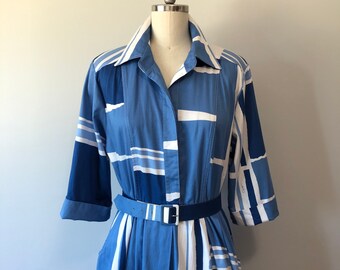 Vintage Blue White Dress / Matching Belt / Day Dress / Vacation Wear / 50s Style Dress / Sailing Dress