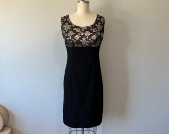 60s LBD Vintage Dress, Silver Metallic Floral Party Dress, Size S