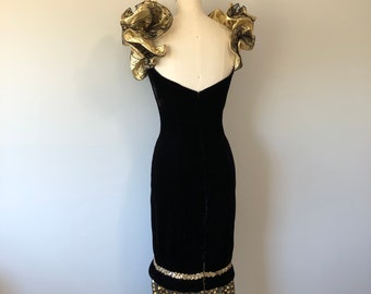 Party 80s Dress Salsa Flamenco Style Sleeves Sexy Velvet Gown Gold  Detailing Evening Wear Vintage Holiday Dresses Evening Gown
