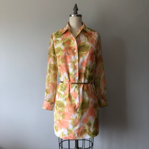 1960s High Fashion / Mini Dress / Vintage Floral Dress / Peach,Green and White Coloring / 60 Vintage / Day Dresses image 1
