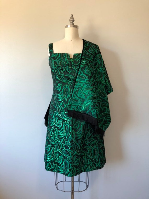 Stunning 60s Dress / Rich Metallic Green With Blac