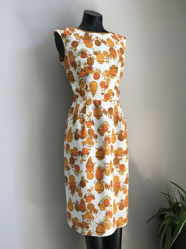 Heteluchtballon patroon / Vintage jaren '50 jurk / Rockabilly / Pin Up Style / Oranje gele kleuren / VTG Wiggle Jurken / Lente jurken / Cadeau afbeelding 5