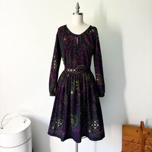 60s Two Piece Outfit / Vintage Clothing /  Neon Colored Detailing / Matching Top and Skirt / 60s Day Wear / Costumes / Purple Green Pink