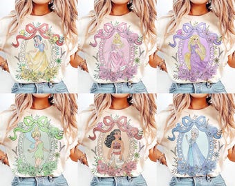 Coquette Bows Disney All Princesses Characters Comfort Colors Shirt, Tiana Ariel Elsa Rapunzel Belle Jasmine Shirt, Disney Princess Tee