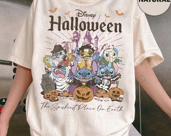 Retro Disney Stitch Halloween Komfortfarben Shirt, Stitch Horror Halloween Shirt, Disney Halloween 2025 Shirt, Halloween Familienausflug Shirts