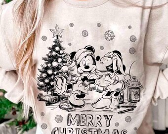 Camiseta vintage retro de Mickey Mouse con texto "Feliz Navidad", camiseta familiar navideña, camiseta con dibujo de Mickey, regalo de Navidad, camiseta navideña de Disney