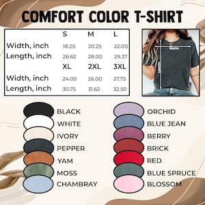 Może przedstawiać: Obraz koszulki Comfort Color z opcjami rozmiaru i koloru. Tabela rozmiar&oacute;w pokazuje wymiary szerokości i długości w calach dla rozmiar&oacute;w S, M, L, XL, 2XL i 3XL. Opcje kolor&oacute;w obejmują czarny, biały, kość słoniową, pieprz, pochrzyn, mech, chambray, orchideę, niebieski dżins, jagodę, cegłę, czerwień, niebieską świerk i kwiat.