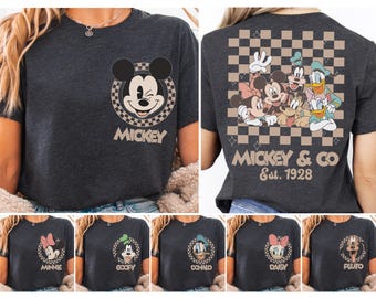 Retro Mickey & Co Karierte Familienhemden, Mickey und Freunde passende Disneyland Family Trip T-Shirts, Komfortfarben Disney-Gruppenshirts