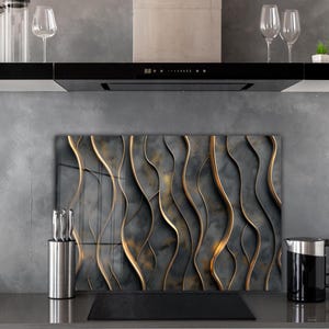 Dosseret de cuisine - Dosseret doré abstrait - Couvercle arrière du poêle - Dosseret en verre trempé pour poêle - Décoration de cuisine - Couvercle du dessus du poêle - Cadeau de pendaison de crémaillère