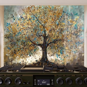 Backsplash Árvore da Vida, Backsplash de cozinha em vidro temperado, Backsplash personalizado para parede de cozinha, Azulejo para backsplash resistente ao calor, Backsplash