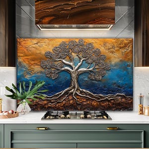 Décoration de cuisine arbre de vie,dosseret de poêle en verre trempé,couvercle arrière de poêle,couvercle supérieur de poêle,dosseret carrelé,planche à découper et à nouilles