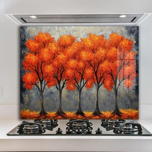 Fleurs, Dosseret de poêle en verre trempé, Crédence en carreaux de cuivre, Dosseret derrière la cuisinière, Dosseret en verre pour la cuisine, Couvercle supérieur de crédence