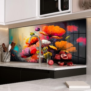 Fleurs Peinture à l'huile dosseret de cuisine-Couverture arrière de poêle-Verre floral floral pour poêle-dosseret-Décoration de cuisine-Couvercle supérieur de poêle-Cadeau de pendaison de crémaillère