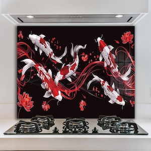 Poisson koi carreau de verre, dosseret de cuisine, coque arrière de poêle, dosseret de poêle en verre trempé, décoration de cuisine, couvercle de cuisinière, cadeau de pendaison de crémaillère