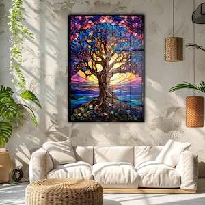 Stained Glass Wall Art, Tree of Life, Stained Glass Panel, Tempered Glass Print, Spiritual Wall Art, Vertical Glass Wall Art, Mandala Art