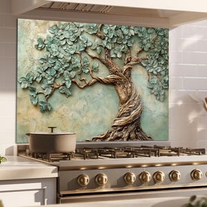 Arbre de vie Dosseret de cuisine,Housses de cuisinière,Dosseret de poêle en verre trempé,Décor de cuisine,Couvercle supérieur de cuisinière,Cadeau de pendaison de crémaillère pour elle