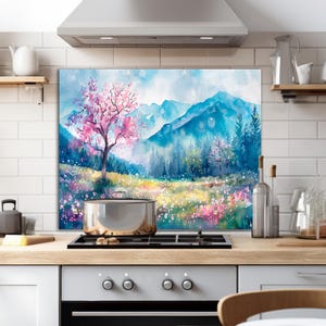 Décor, peinture à l'huile, dosseret en verre, dosseret de cuisine, décor de dessus de cuisinière, dosseret en verre trempé derrière la cuisinière, dosseret en verre carreau