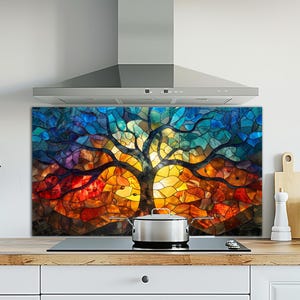 Arbre de vie dosseret en verre, dosseret en verre trempé pour la cuisine, dosseret de cuisine derrière la cuisinière, dosseret en verre pour cuisine