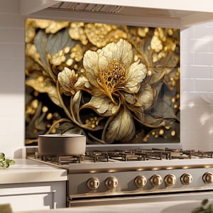 Gold Tempered Glass Stove Backsplash, Kitchen Backsplash, Stove Back Cover, Kitchen Decor, Stove Top Cover, Housewarming Gift, Cutting Board