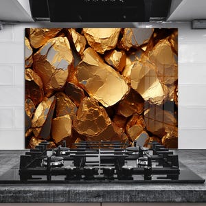 Gouden spatscherm keukenglas, gehard glas geldkleurige backsplash-tegel keukenbacksplash-tegels, kookpaneel waterdicht, keukenmuurdecor