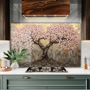 Dosseret de cuisine arbre de vie, coque arrière florale de poêle, dosseret de poêle en verre trempé, décoration de cuisine, capot de dessus de cuisinière, cadeau de pendaison de crémaillère