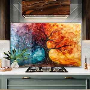 Couvercle de cuisinière / dosseret arbre de vie / dosseret de cuisine en verre trempé / dosseret personnalisé pour cuisine / couvercle de cuisinière à gaz / décoration murale