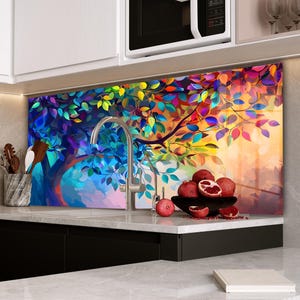 Arbre de vie dosseret de cuisine, couverture arrière de poêle, dosseret de poêle en verre trempé, décoration de cuisine, couvercle de cuisinière, cadeau de pendaison de crémaillère