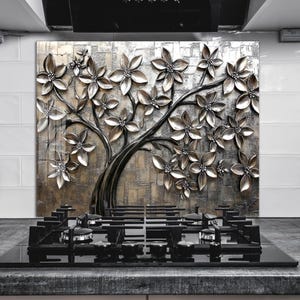 Panneau de crédence en verre trempé argenté Arbre de vie,Couvercle supérieur de poêle,Carrelage de dosseret de cuisine,Décor de cuisine,Couvercle arrière de poêle,Dosseret