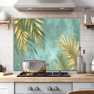 Tempered Glass Backsplash, Flowers Golden Glass Backsplash, Kitchen Backsplash Behind Stove, Glass Backsplash for Kitchen,Stove Backsplash