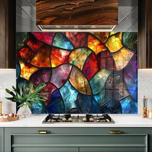 Dosseret de cuisine en carreaux de vitrail coloré, couverture arrière de poêle, décoration de dosseret de poêle en verre trempé, couvercle de dessus de cuisinière, cadeau de pendaison de crémaillère