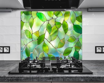 Tempered Glass Kitchen Backsplash: Stained Effect Green Leaves