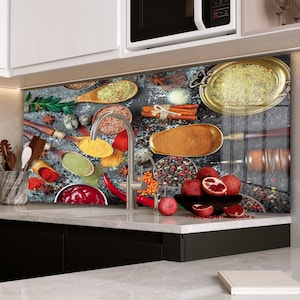 Dosseret de cuisine aux épices, couverture arrière de poêle, dosseret de poêle en verre trempé, décoration de cuisine aux épices, couvercle de cuisinière, cadeau de pendaison de crémaillère