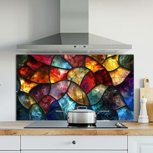 Dosseret en verre trempé, crédence de cuisine derrière la cuisinière, dosseret en verre de cuisine, planche à découper, décoration d'intérieur effet taché, couvercle de cuisinière