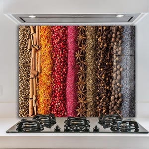 Spices, dosseret de poêle en verre trempé, crédence en carreaux de cuivre, dosseret derrière la cuisinière, dosseret en verre pour la cuisine, couverture de crédence