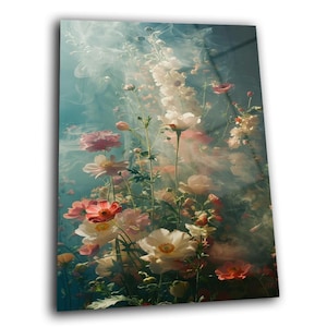 Flowers Tempered Glass Wall Art, Glass Wall Decor, Home Decor, Living Room Wall Art, Decor For Bedroom, Extra Large Wall Art, Wall Hanging