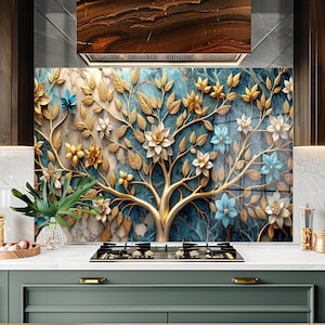 Arbre de vie dosseret en verre, dosseret en verre trempé pour la cuisine, dosseret de cuisine derrière la cuisinière, dosseret en verre pour cuisine