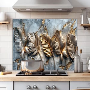 Dosseret de poêle en verre trempé Golden Leaf, Couvercle d'évier de cuisine, Protection de dosseret, Couvercle arrière de cuisinière, Décoration de cuisine, Planche à découper en verre